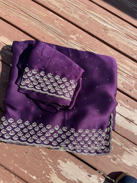 Purple Satin Silk Saree with Swarovski Crystals