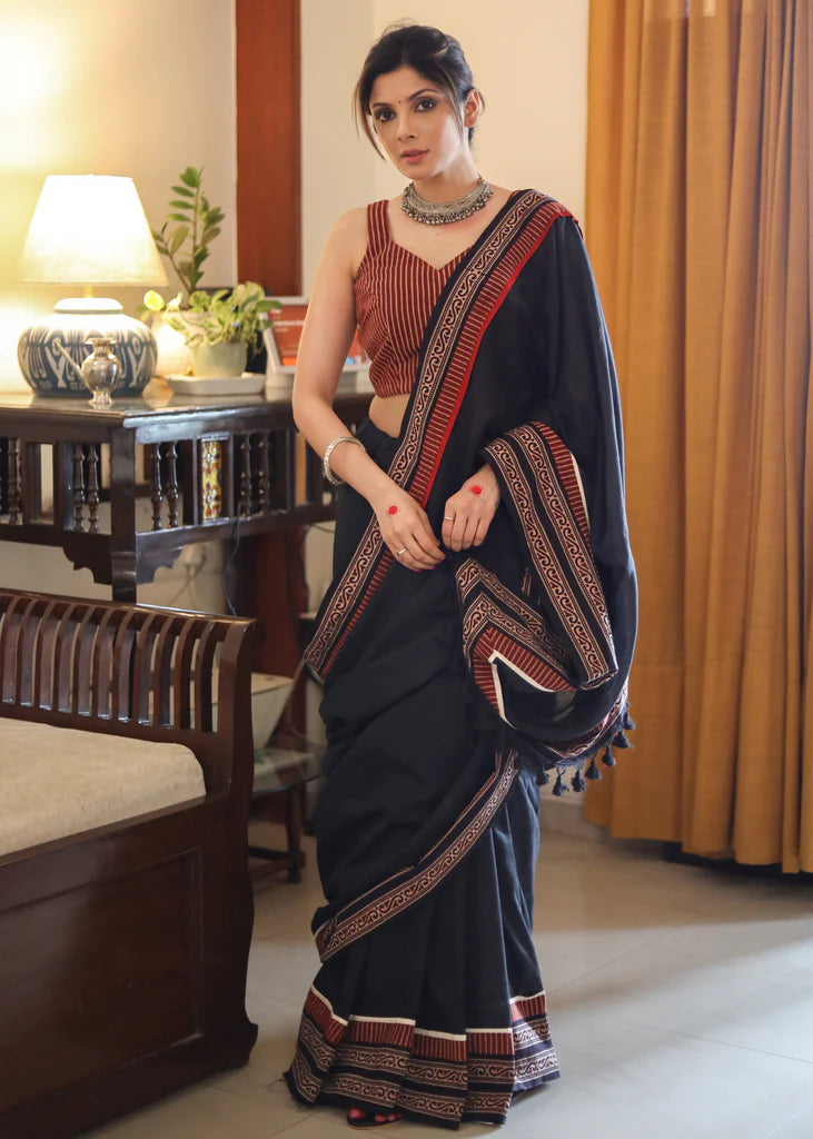 BLACK COTTON SAREE WITH EXCLUSIVE AJRAKH BORDER