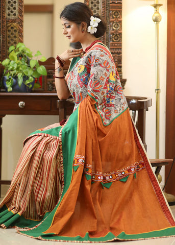 RUST COTTON SAREE WITH EXCLUSIVE HAND PAINTED MADHUBANI PALLU, LINE PLEATS & MIRROR WORK BORDER