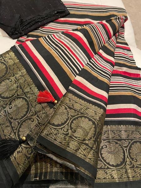 Black Multicolor Leheriya Striped Silk Saree