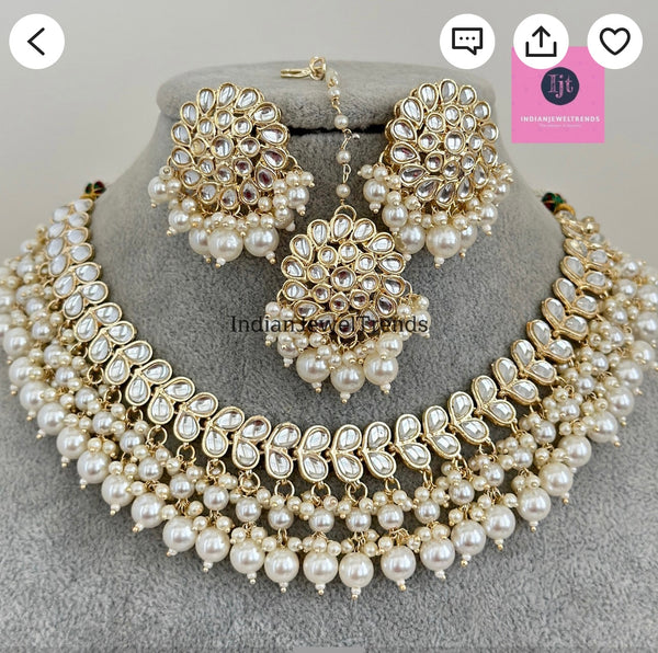 White Pearl Kundan Necklace Set/Kundan Choker/ Bollywood Jewelry/ Indian jewelry