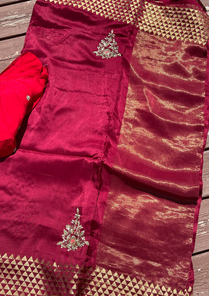 Deep Maroon Raw Silk Gota Pati Saree with contrast Red blouse piece
