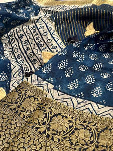 Blue Indigo Chanderi Silk Saree with Bagru Block Print