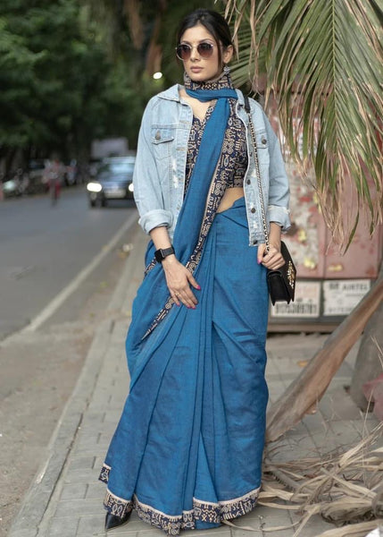 ROYAL BLUE COTTON SAREE WITH ANIMAL PRINT BORDER AND FISH PAINTED MOTIF