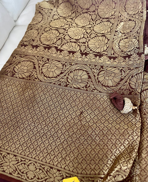 Chocolate and Gold Handloom Pure Munga Crepe Hand Work Silk Saree
