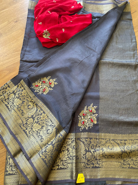 Grey Raw Silk Gota Pati Saree with contrast Red blouse piece