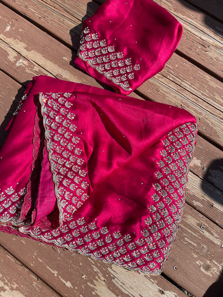 Rani Hot Pink Satin Silk Saree with Swarovski Crystals