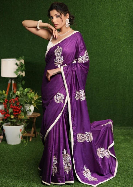 PURPLE COTTON SILK SAREE WITH BEIGE EMBROIDERY MOTIFS