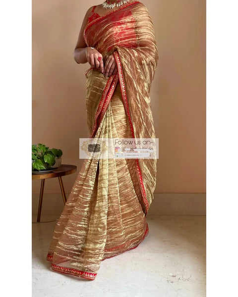 Copper Zari Tissue Saree with Red Border and Blouse