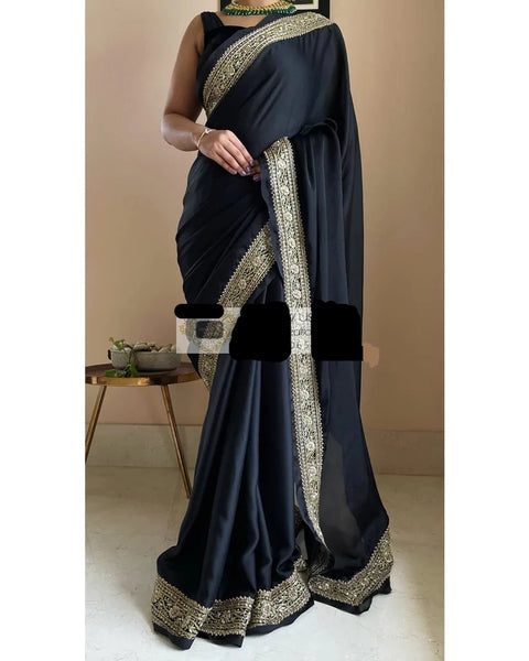 Black Crepe Silk Saree with Zardosi Border