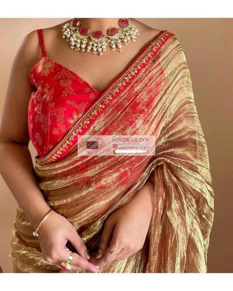 Copper Zari Tissue Saree with Red Border and Blouse