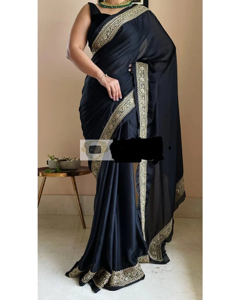 Black Crepe Silk Saree with Zardosi Border