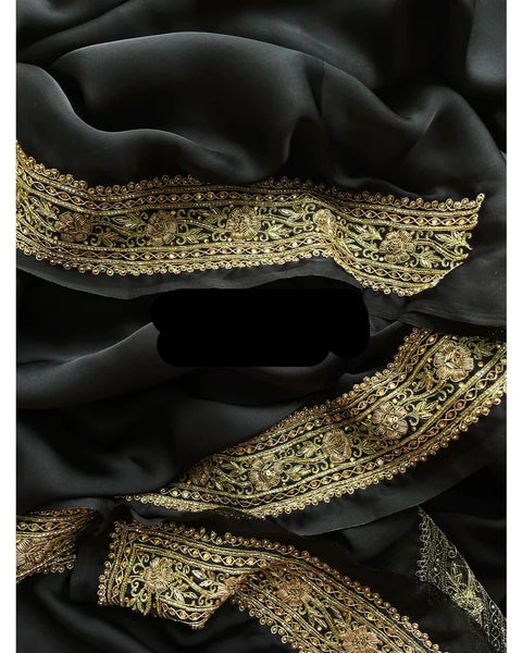Black Crepe Silk Saree with Zardosi Border