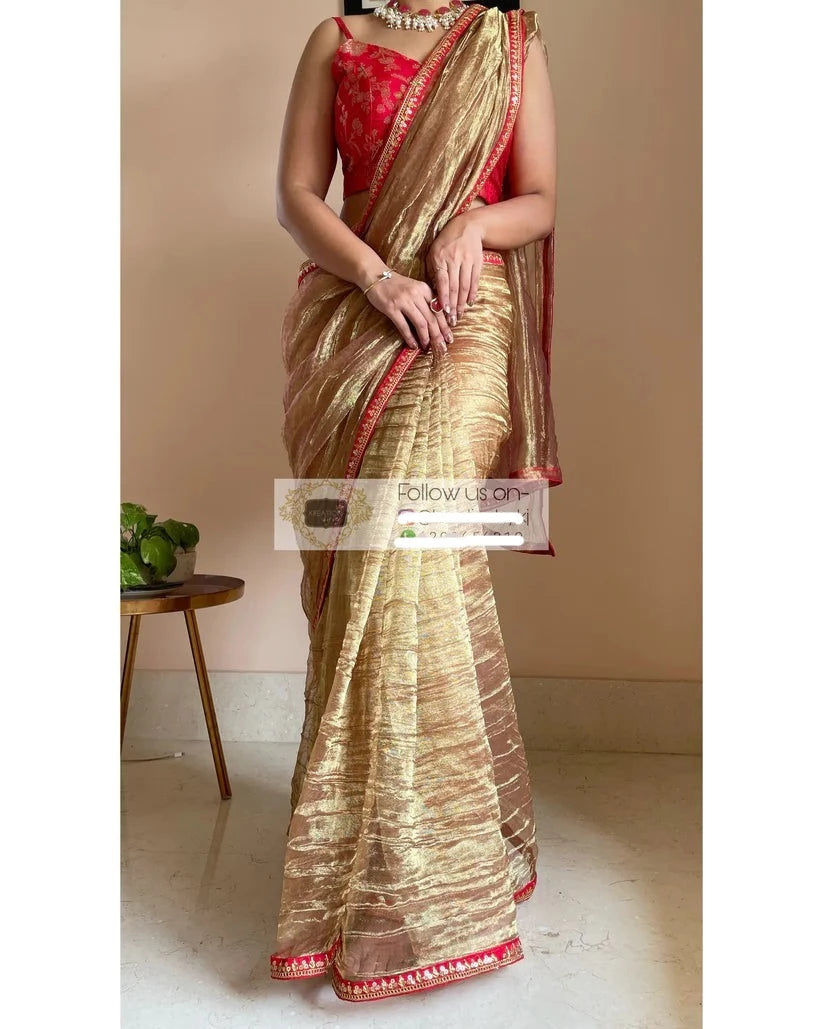 Copper Zari Tissue Saree with Red Border and Blouse