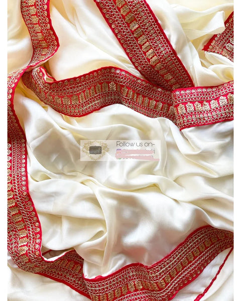 Cream Satin Saree with Red Border