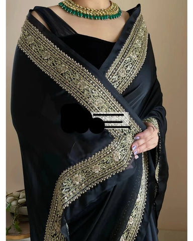 Black Crepe Silk Saree with Zardosi Border