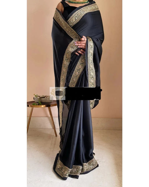 Black Crepe Silk Saree with Zardosi Border