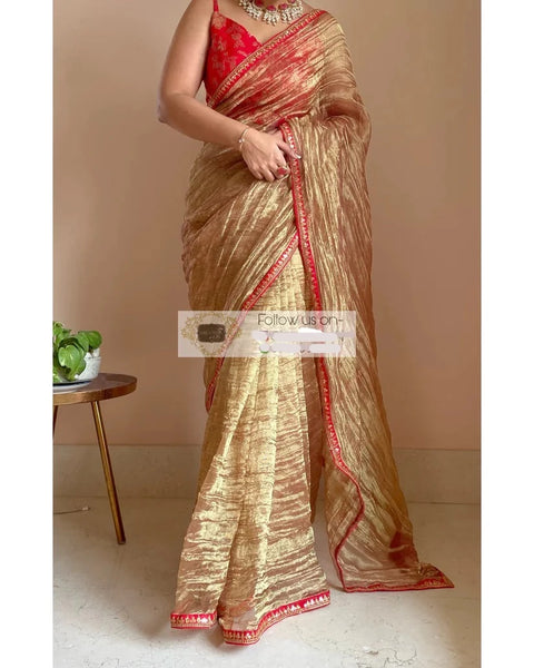 Copper Zari Tissue Saree with Red Border and Blouse