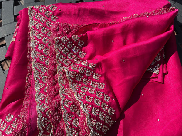 Rani Hot Pink Satin Silk Saree with Swarovski Crystals