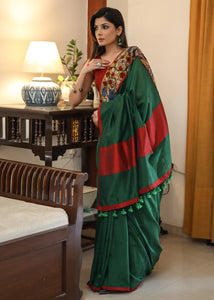 BOTTLE GREEN COTTON SAREE WITH KALAMKARI AND MAROON COTTON SILK BORDER