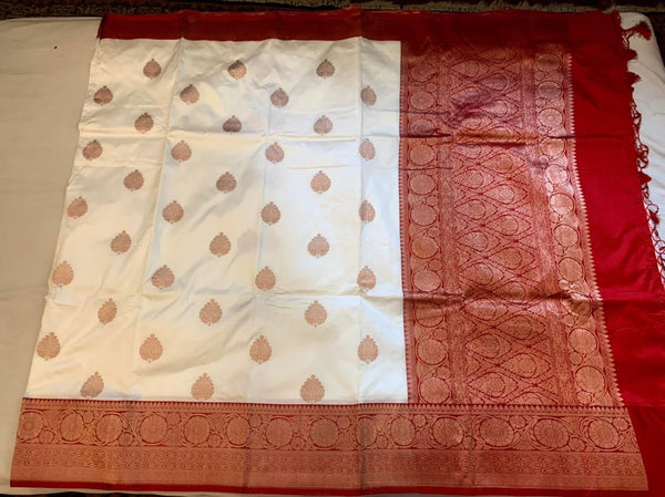 White and Red Pure Banarasi Katan Silk Saree