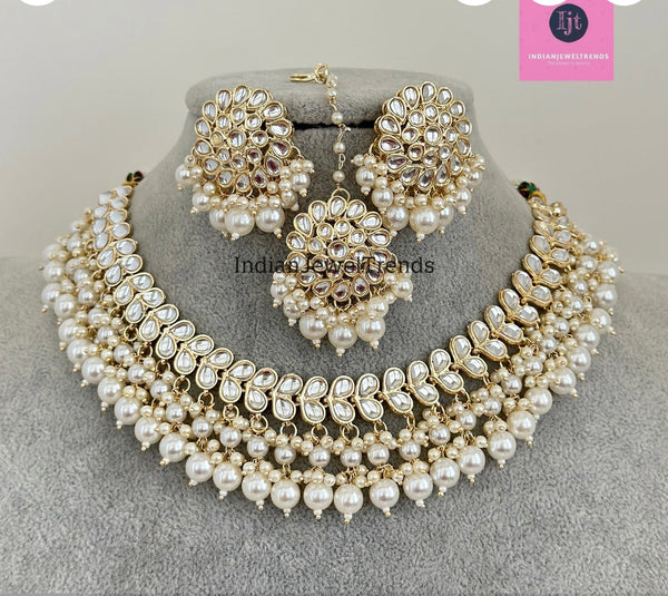 White Pearl Kundan Necklace Set/Kundan Choker/ Bollywood Jewelry/ Indian jewelry