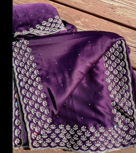 Purple Satin Silk Saree with Swarovski Crystals