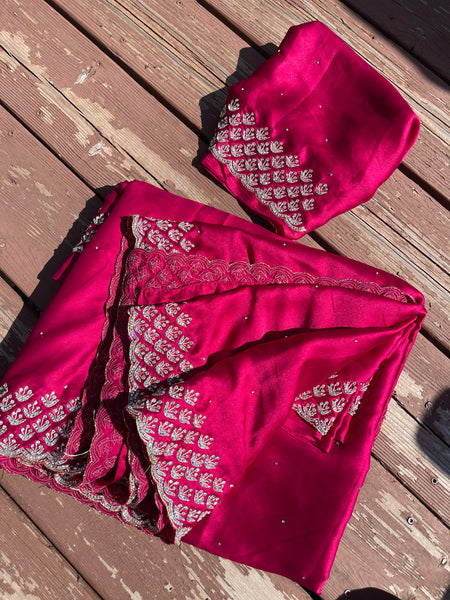 Rani Hot Pink Satin Silk Saree with Swarovski Crystals