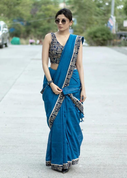 ROYAL BLUE COTTON SAREE WITH ANIMAL PRINT BORDER AND FISH PAINTED MOTIF
