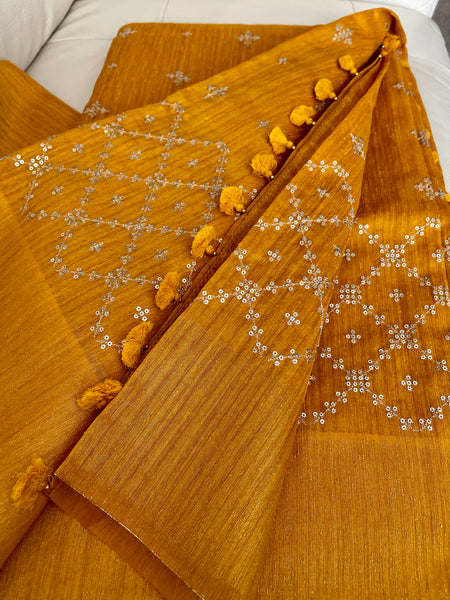 Mustard Yellow Sequin Handloom Tussar Silk Saree