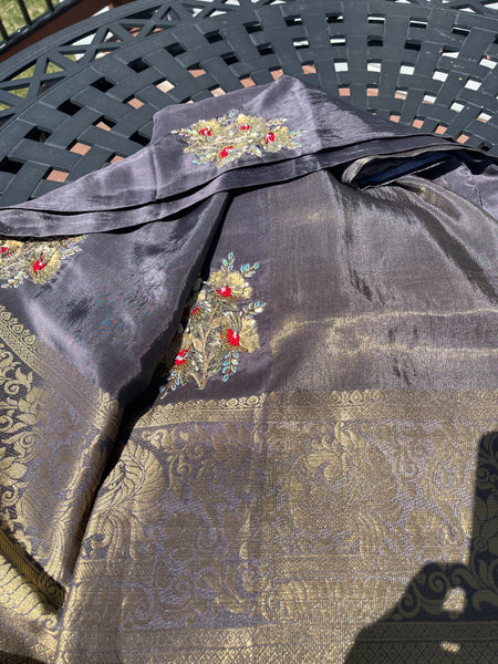 Grey Raw Silk Gota Pati Saree with contrast Red blouse piece