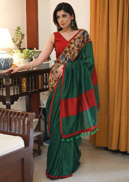 BOTTLE GREEN COTTON SAREE WITH KALAMKARI AND MAROON COTTON SILK BORDER