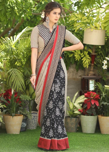 BLACK PRINTED COTTON SAREE WITH LINE AJRAKH PALLU AND MAROON COTTON SILK, AJRAKH COMBINATION BORDER