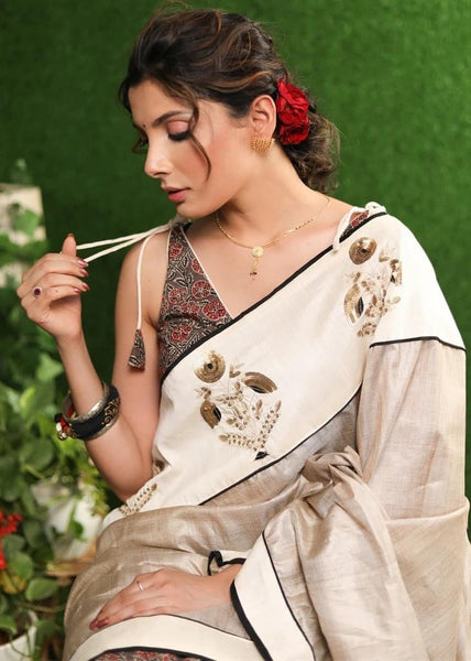 TUSSER SILK & AJRAKH COMBINATION SAREE WITH DELICATE BEIGE SILK SEQUENCE EMBROIDERY