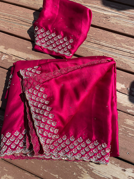 Rani Hot Pink Satin Silk Saree with Swarovski Crystals