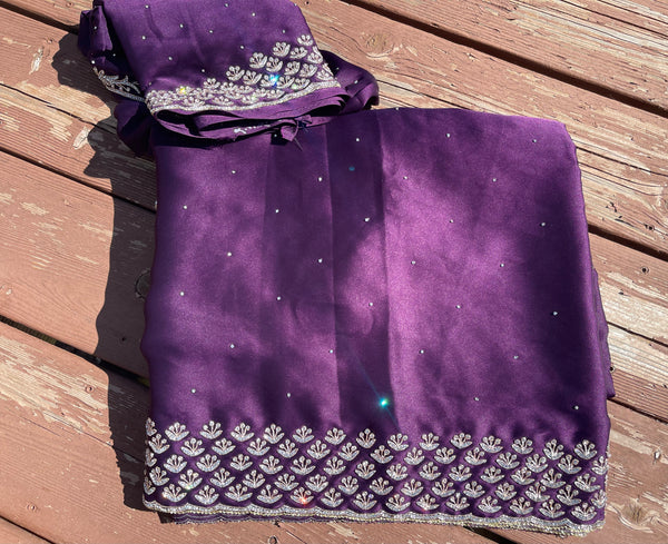 Purple Satin Silk Saree with Swarovski Crystals