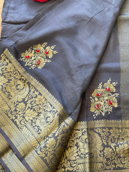 Grey Raw Silk Gota Pati Saree with contrast Red blouse piece