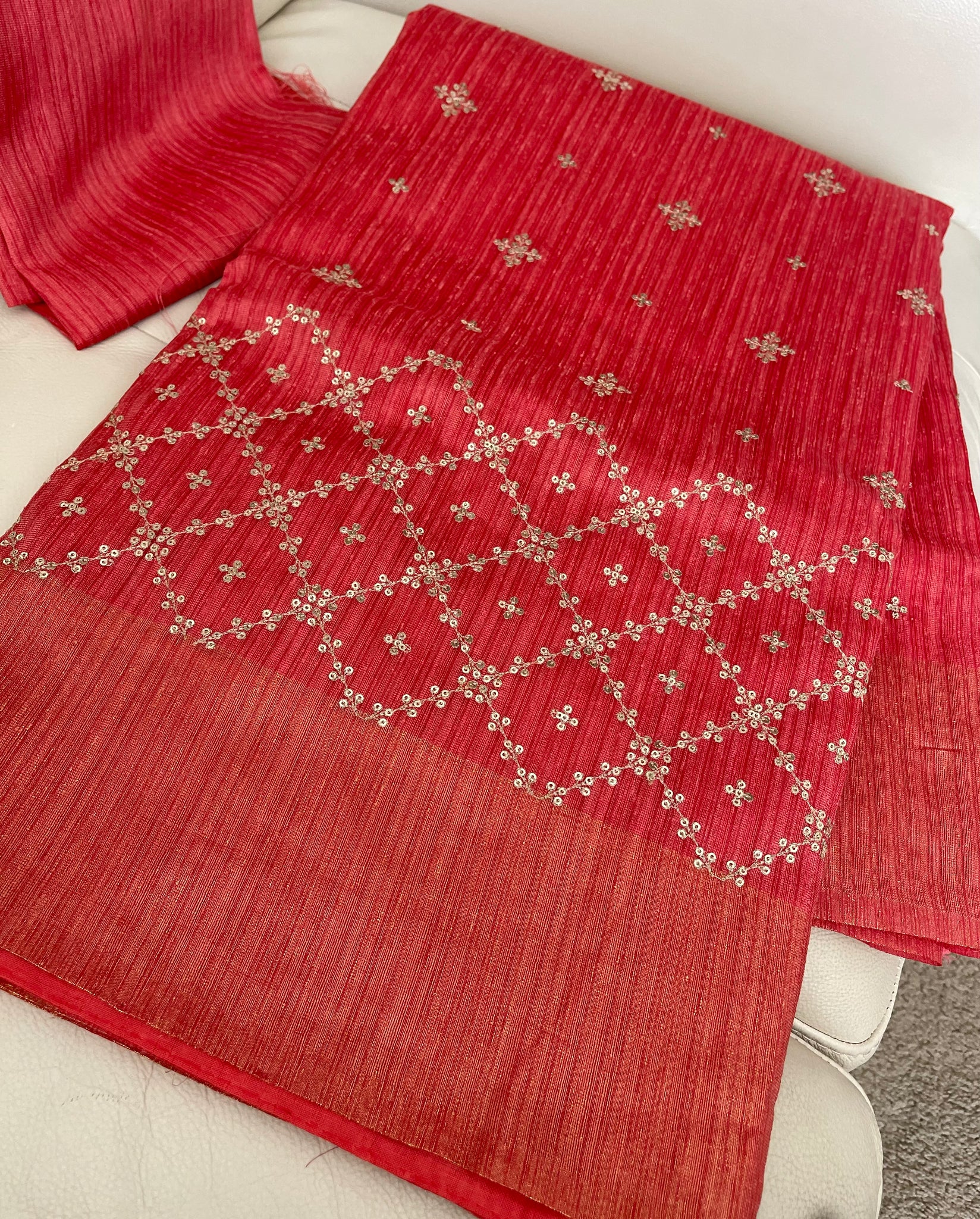 Coral Pink Sequin Handloom Tussar Silk Saree