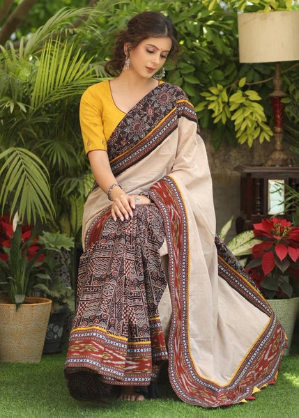 COTTON AJRAKH & PLAIN CREAM COTTON SAREE WITH BEAUTIFUL IKAAT, AJRAKH BORDER