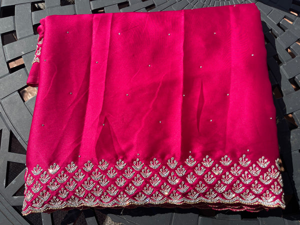 Rani Hot Pink Satin Silk Saree with Swarovski Crystals