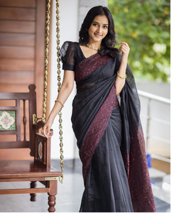 Black and Maroon Bengal Cotton Silk Saree With Chumki Boarder