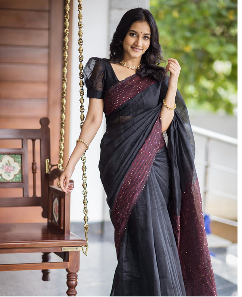 Black and Maroon Bengal Cotton Silk Saree With Chumki Boarder