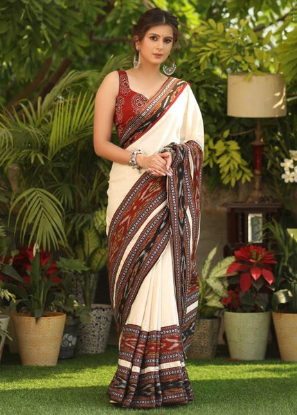 OFF-WHITE COTTON SAREE WITH BEAUTIFUL IKAAT DOUBLE BORDER