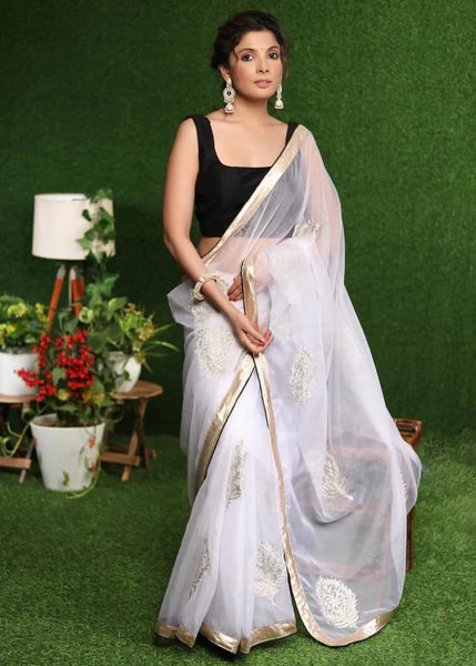 WHITE ORGANZA SAREE WITH GOLDEN CLASSY ZARI EMBROIDERY & BORDER