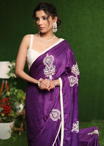 PURPLE COTTON SILK SAREE WITH BEIGE EMBROIDERY MOTIFS