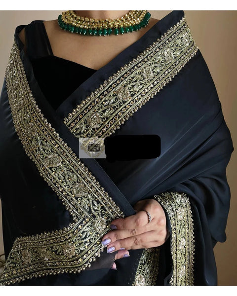 Black Crepe Silk Saree with Zardosi Border