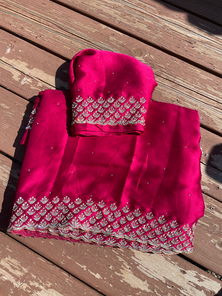 Rani Hot Pink Satin Silk Saree with Swarovski Crystals