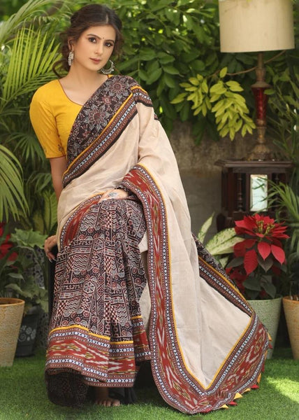 COTTON AJRAKH & PLAIN CREAM COTTON SAREE WITH BEAUTIFUL IKAAT, AJRAKH BORDER
