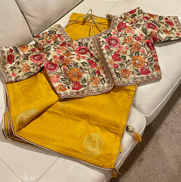 Yellow Muga Silk Saree with Readymade Floral Embroidered Blouse