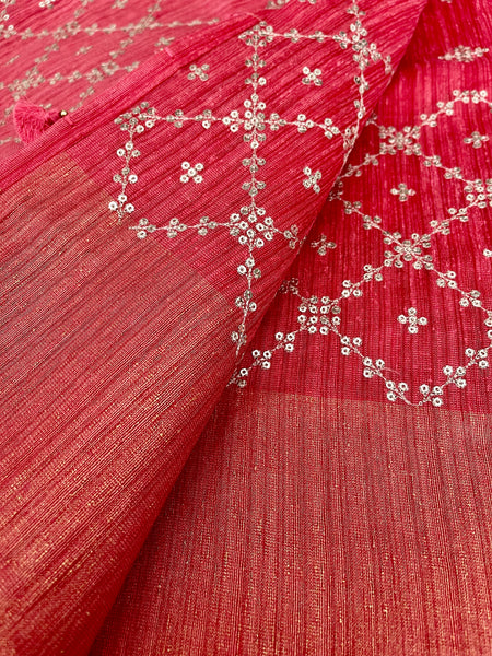 Coral Pink Sequin Handloom Tussar Silk Saree